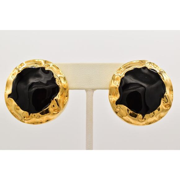 Ivana Trump Clip Earrings Black Enamel Round Hammered Chunky Signed 1990s BinBF - Picture 1 of 12